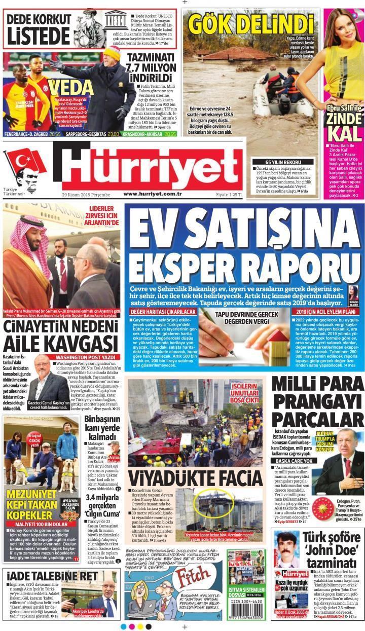29 Kasım 2018 - Gazete Manşetleri