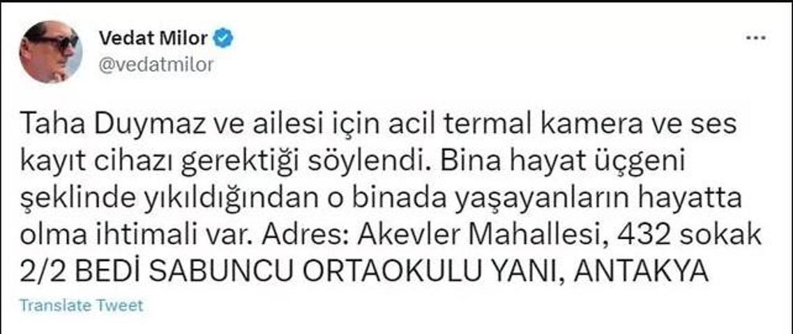 Vedat Milorden enkaz altında kalan Taha Duymaz hakkında açıklama