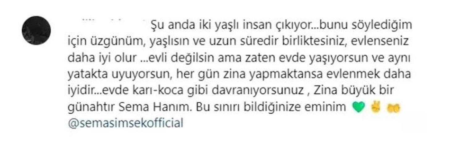 Sema Şimşek takipçisinden gelen Zina yapıyorsun yorumuna sessiz kalamadı