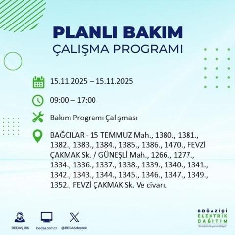 İstanbulda elektrikler ne zaman gelecek, saat kaçta İSTANBUL ELEKTRİK KESİNTİSİ 15 KASIM 2025 ARIZA SORGULAMA EKRANI AYEDAŞ - BEDAŞ