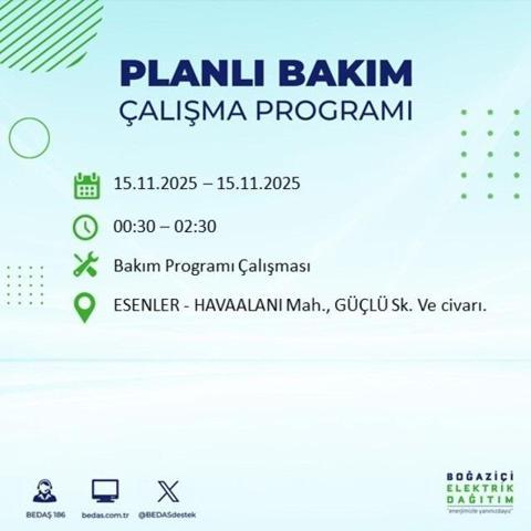 İstanbulda elektrikler ne zaman gelecek, saat kaçta İSTANBUL ELEKTRİK KESİNTİSİ 15 KASIM 2025 ARIZA SORGULAMA EKRANI AYEDAŞ - BEDAŞ