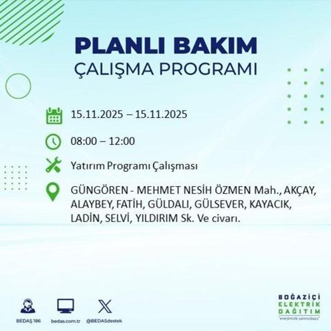 İstanbulda elektrikler ne zaman gelecek, saat kaçta İSTANBUL ELEKTRİK KESİNTİSİ 15 KASIM 2025 ARIZA SORGULAMA EKRANI AYEDAŞ - BEDAŞ