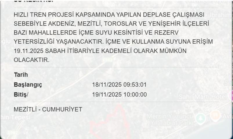 19 KASIM MESKİ MERSİN SU KESİNTİSİ: Mersinde Sular Ne Zaman Gelecek Mersin Su Kesintisi Ne Zaman Bitecek