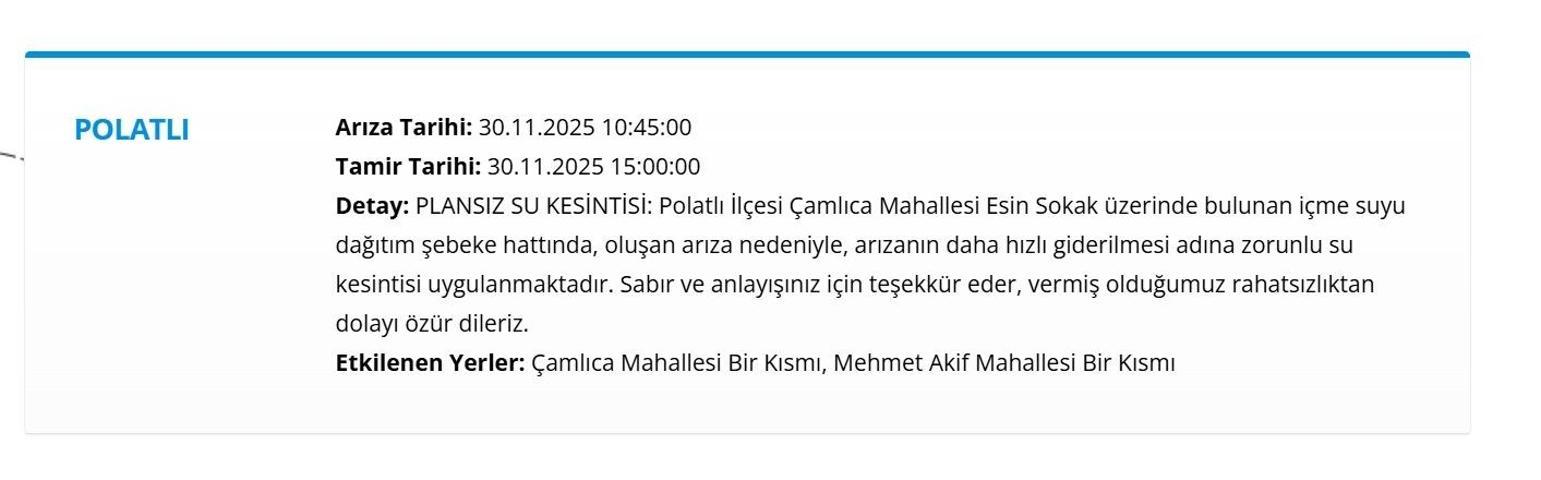 30 KASIM ANKARA ASKİ SU KESİNTİSİ: ASKİ Ankara Su Kesintisi Ne Zaman Bitecek, Sular Ne Zaman Gelecek