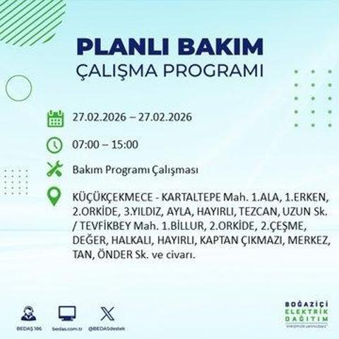 27 ŞUBAT İSTANBUL ELEKTRİK KESİNTİSİ İstanbulda 6-8 Saat Elektrik Kesintisi Yaşanacak BEDAŞ Duyurdu: İşte Etkilenecek İlçeler...