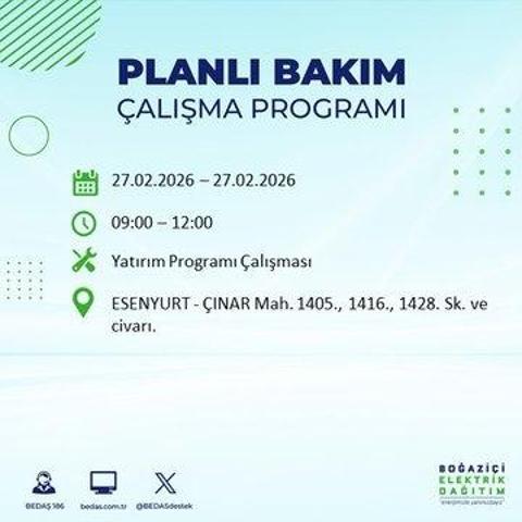 27 ŞUBAT İSTANBUL ELEKTRİK KESİNTİSİ İstanbulda 6-8 Saat Elektrik Kesintisi Yaşanacak BEDAŞ Duyurdu: İşte Etkilenecek İlçeler...