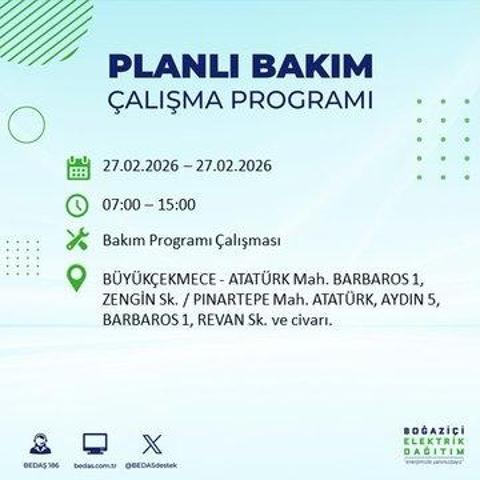 27 ŞUBAT İSTANBUL ELEKTRİK KESİNTİSİ İstanbulda 6-8 Saat Elektrik Kesintisi Yaşanacak BEDAŞ Duyurdu: İşte Etkilenecek İlçeler...
