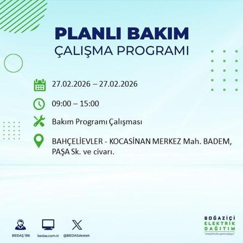 27 ŞUBAT İSTANBUL ELEKTRİK KESİNTİSİ İstanbulda 6-8 Saat Elektrik Kesintisi Yaşanacak BEDAŞ Duyurdu: İşte Etkilenecek İlçeler...