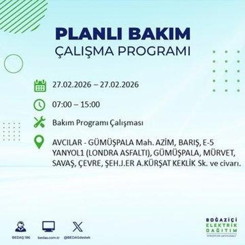 27 ŞUBAT İSTANBUL ELEKTRİK KESİNTİSİ İstanbulda 6-8 Saat Elektrik Kesintisi Yaşanacak BEDAŞ Duyurdu: İşte Etkilenecek İlçeler...