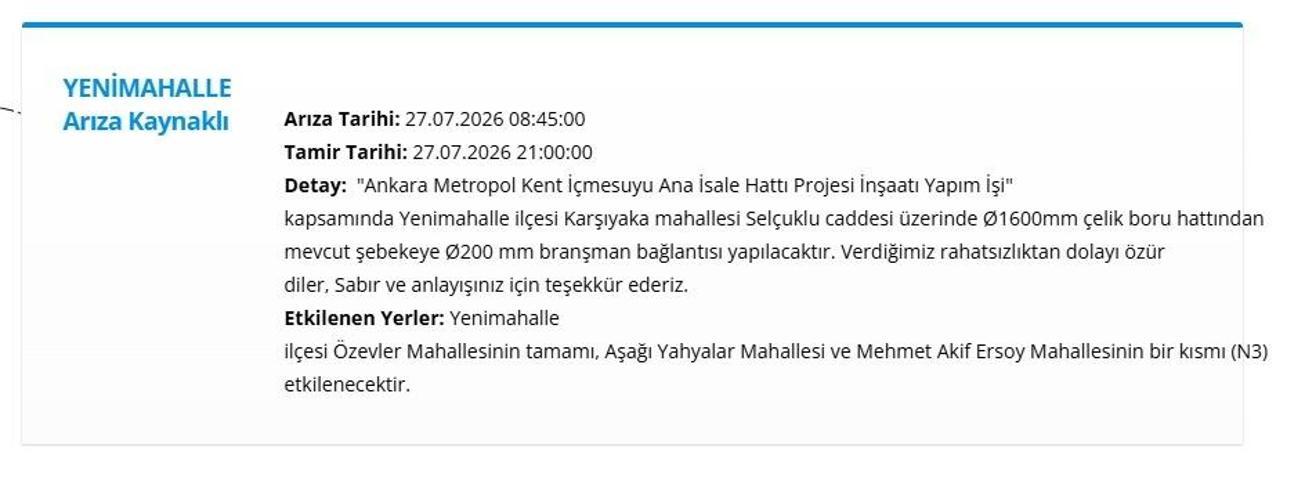 ASKİ ANKARA SU KESİNTİSİ 27 TEMMUZ ASKİ Ankara Su Kesintisi Ne Zaman Bitecek Altındağ ve Mamakta Sular Ne Zaman Gelecek