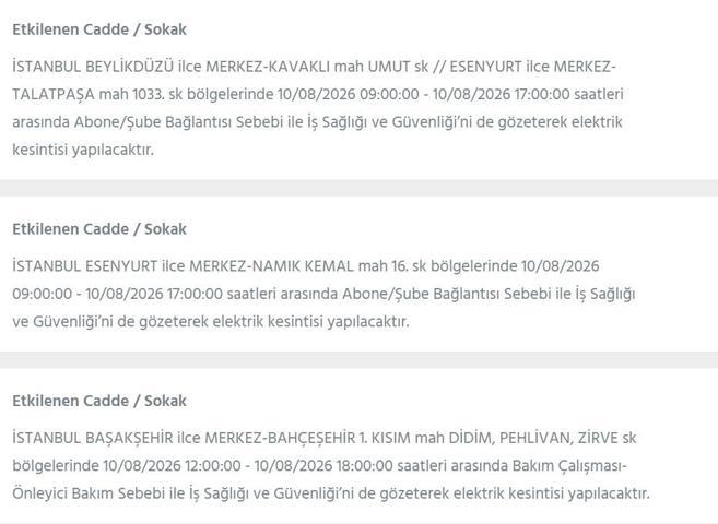 10 AĞUSTOS İSTANBUL ELEKTRİK KESİNTİSİ: İstanbul’da elektrikler ne zaman gelecek 22 ilçede 9 saatlik BEDAŞ kesinti programı