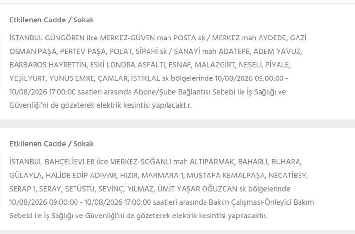 10 AĞUSTOS İSTANBUL ELEKTRİK KESİNTİSİ: İstanbul’da elektrikler ne zaman gelecek 22 ilçede 9 saatlik BEDAŞ kesinti programı