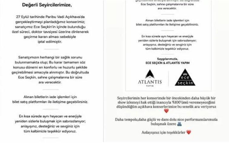 Ece Seçkin Konserlerine Ara Verdi Doktor Tavsiyesi Sonrası Kararını Açıkladı