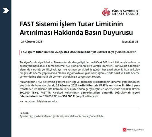 Merkez Bankası duyurdu: FAST para transferlerinde limit yükseldi