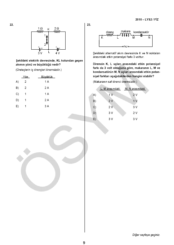 LYS-2 Fizik soru ve cevapları