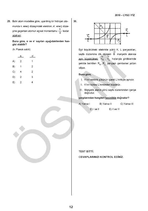 LYS-2 Fizik soru ve cevapları