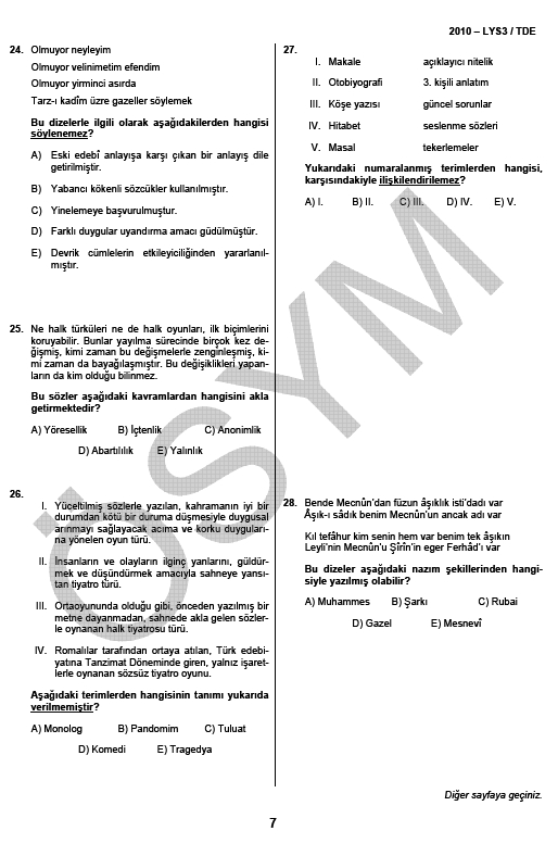 LYS-3 Türk Dili ve Edebiyatı Testi soru ve cevapları