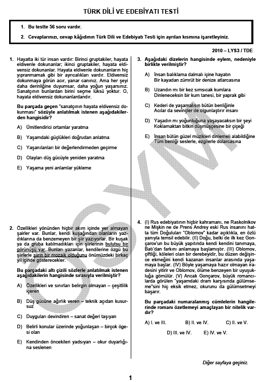 LYS-3 Türk Dili ve Edebiyatı Testi soru ve cevapları