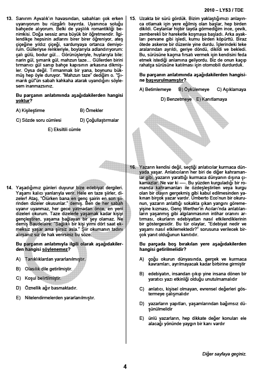 LYS-3 Türk Dili ve Edebiyatı Testi soru ve cevapları