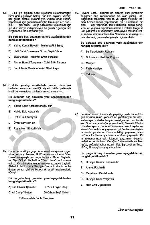 LYS-3 Türk Dili ve Edebiyatı Testi soru ve cevapları