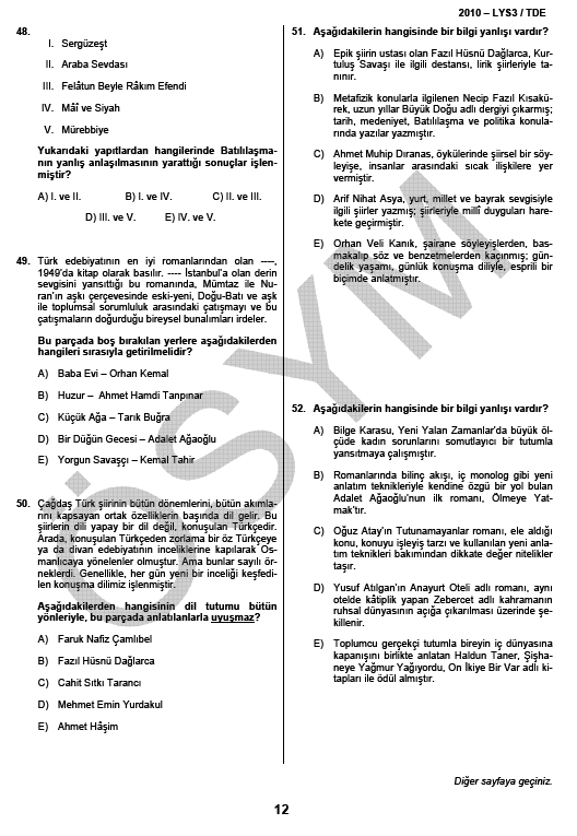 LYS-3 Türk Dili ve Edebiyatı Testi soru ve cevapları