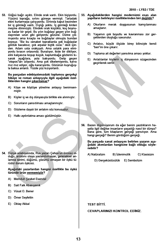 LYS-3 Türk Dili ve Edebiyatı Testi soru ve cevapları