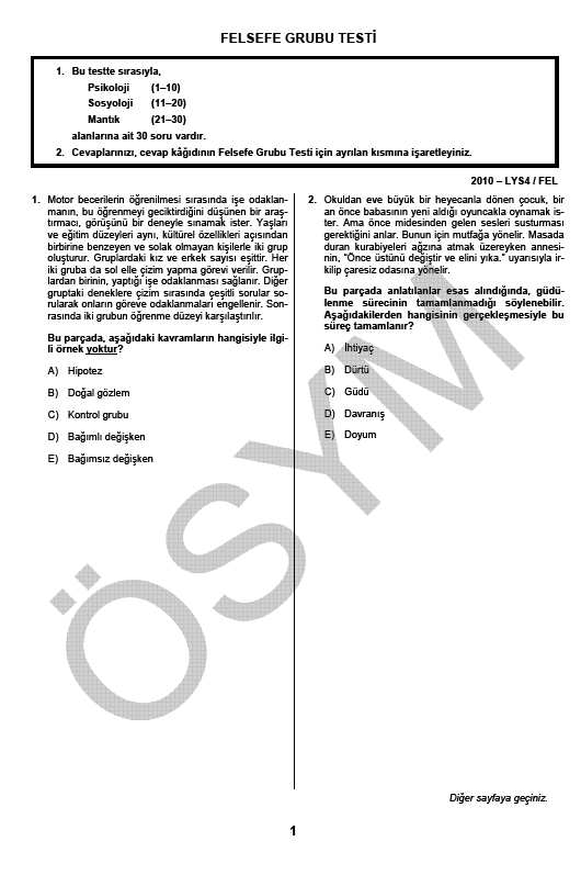 LYS-4 Sosyal Bilimler Sınavı Felsefe Testi soru ve cevapları