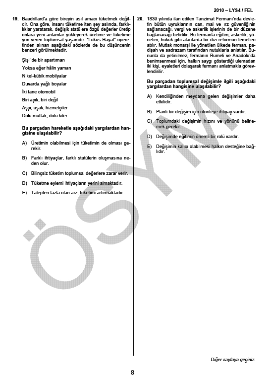 LYS-4 Sosyal Bilimler Sınavı Felsefe Testi soru ve cevapları