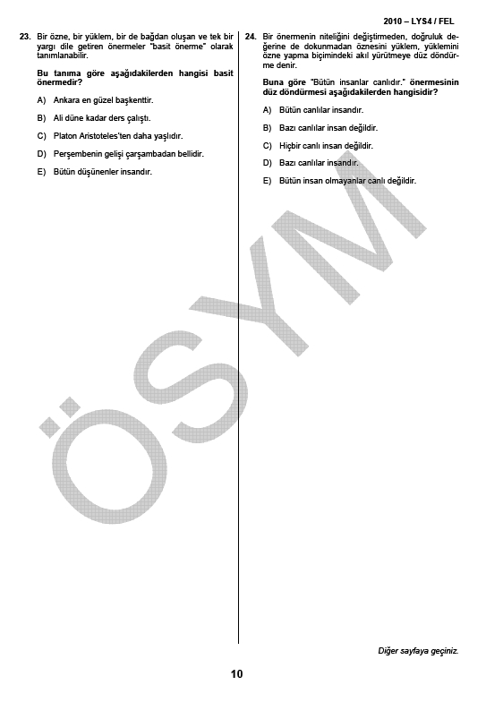 LYS-4 Sosyal Bilimler Sınavı Felsefe Testi soru ve cevapları