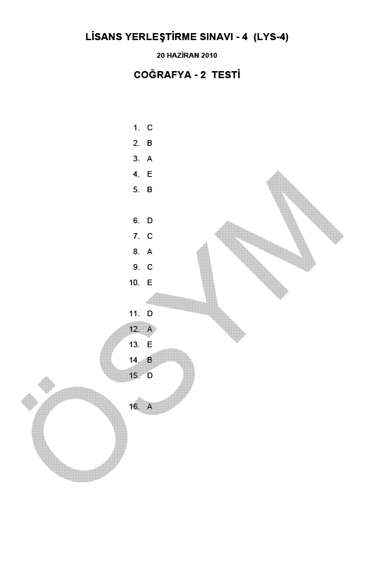 LYS-4 Sosyal Bilimler Sınavı Coğrafya Testi soru ve cevapları