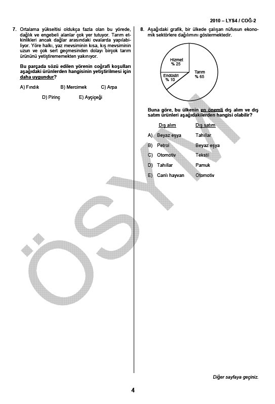 LYS-4 Sosyal Bilimler Sınavı Coğrafya Testi soru ve cevapları