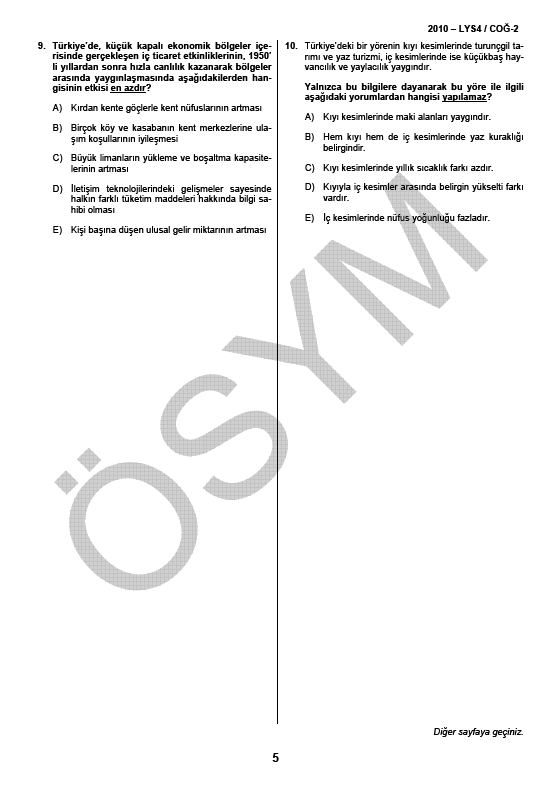 LYS-4 Sosyal Bilimler Sınavı Coğrafya Testi soru ve cevapları