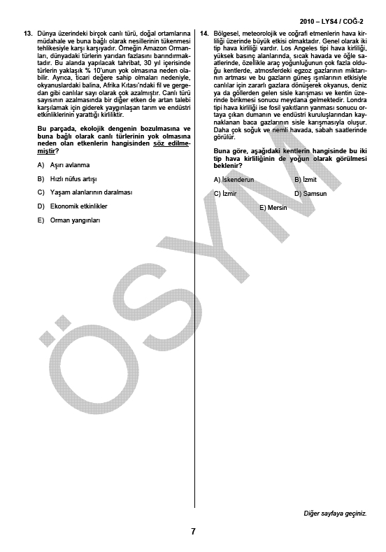 LYS-4 Sosyal Bilimler Sınavı Coğrafya Testi soru ve cevapları