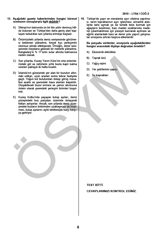 LYS-4 Sosyal Bilimler Sınavı Coğrafya Testi soru ve cevapları