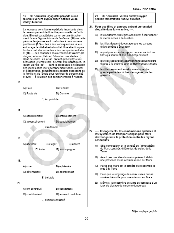 LYS-5 Yabancı Dil (Fransızca) Soru ve Cevapları