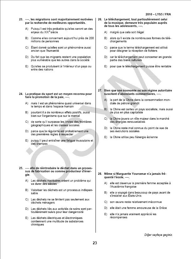 LYS-5 Yabancı Dil (Fransızca) Soru ve Cevapları