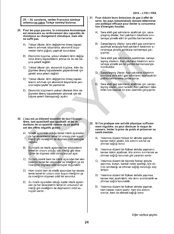 LYS-5 Yabancı Dil (Fransızca) Soru ve Cevapları