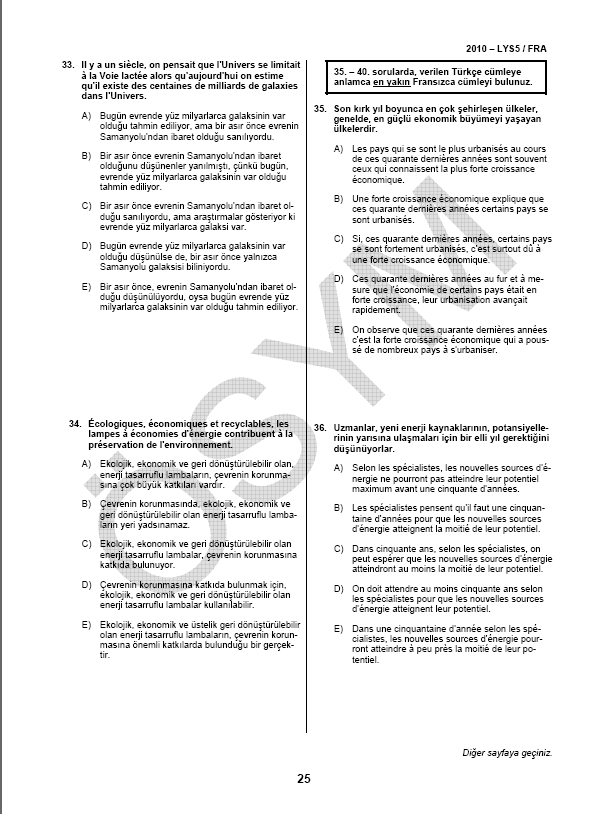 LYS-5 Yabancı Dil (Fransızca) Soru ve Cevapları