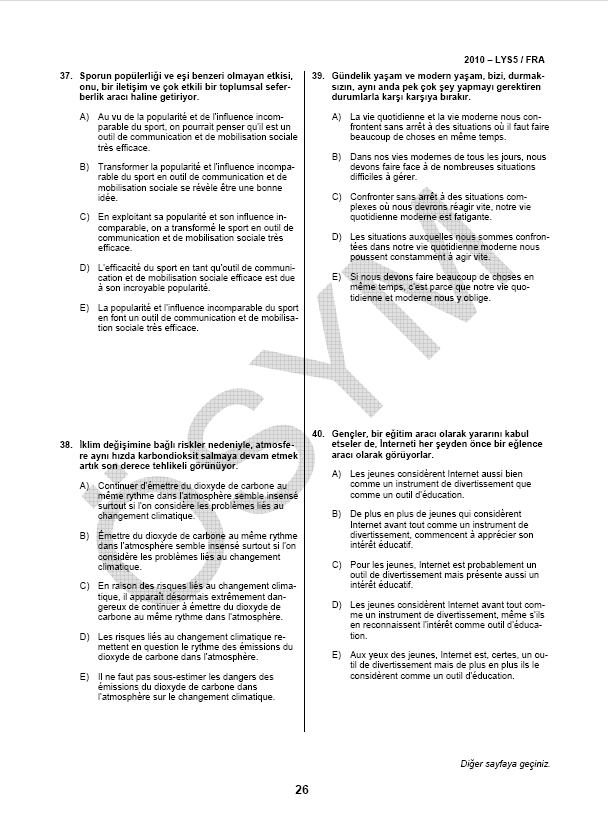 LYS-5 Yabancı Dil (Fransızca) Soru ve Cevapları