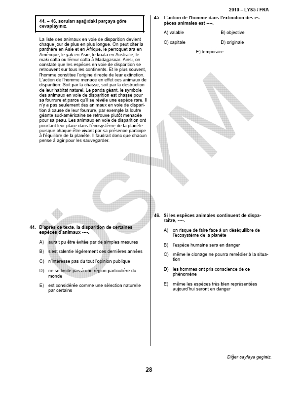 LYS-5 Yabancı Dil (Fransızca) Soru ve Cevapları