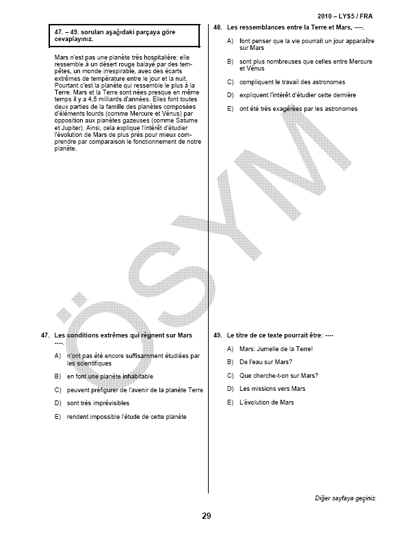 LYS-5 Yabancı Dil (Fransızca) Soru ve Cevapları