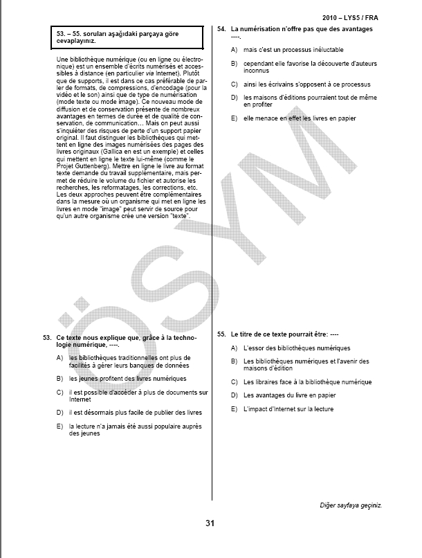 LYS-5 Yabancı Dil (Fransızca) Soru ve Cevapları