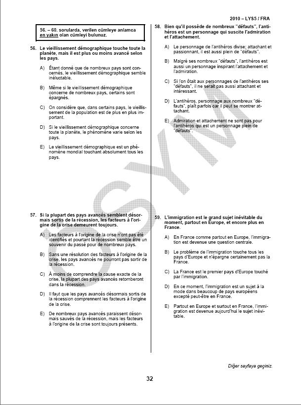 LYS-5 Yabancı Dil (Fransızca) Soru ve Cevapları