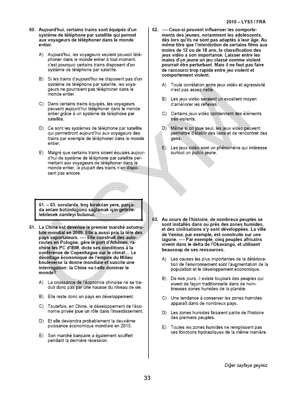 LYS-5 Yabancı Dil (Fransızca) Soru ve Cevapları