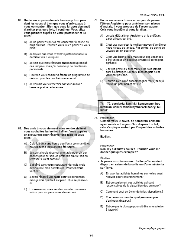LYS-5 Yabancı Dil (Fransızca) Soru ve Cevapları