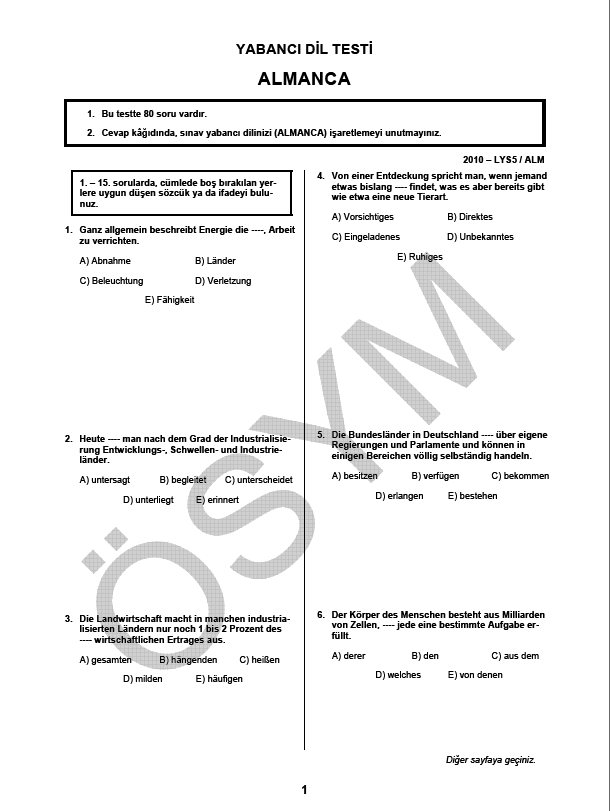 LYS-5 Yabancı Dil (Almanca) Soru ve Cevapları