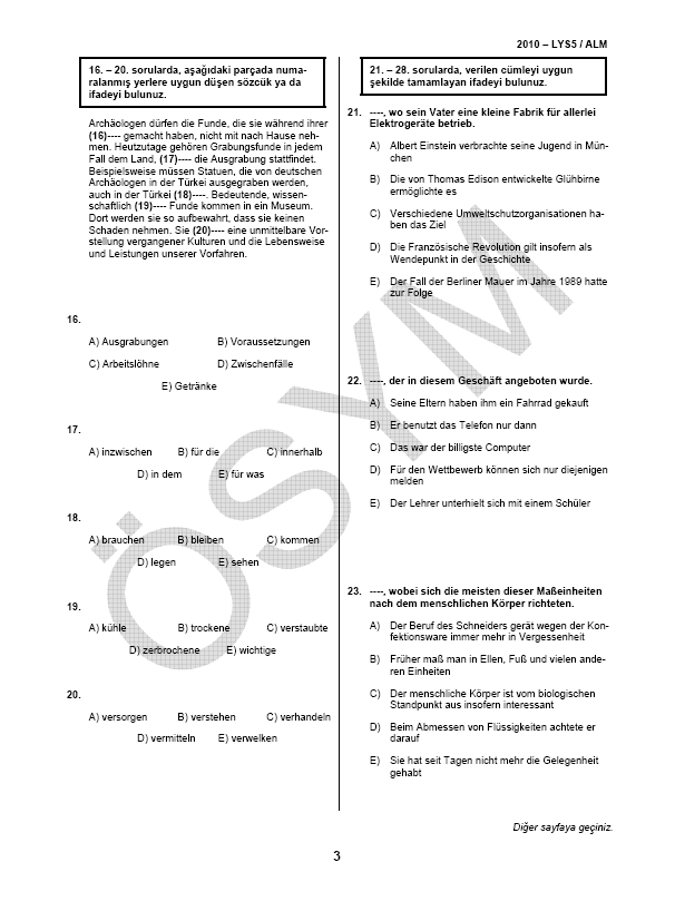 LYS-5 Yabancı Dil (Almanca) Soru ve Cevapları