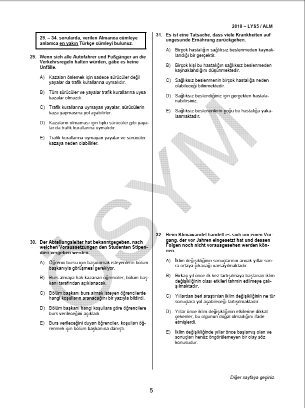 LYS-5 Yabancı Dil (Almanca) Soru ve Cevapları
