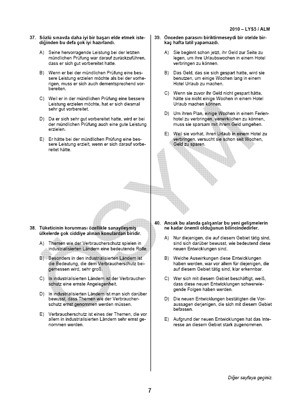 LYS-5 Yabancı Dil (Almanca) Soru ve Cevapları