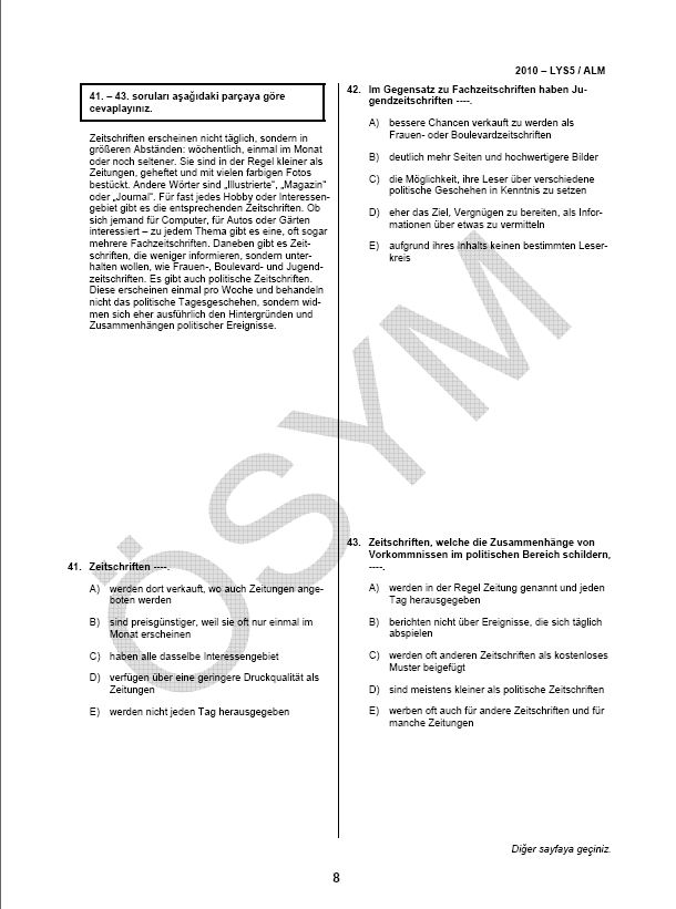 LYS-5 Yabancı Dil (Almanca) Soru ve Cevapları